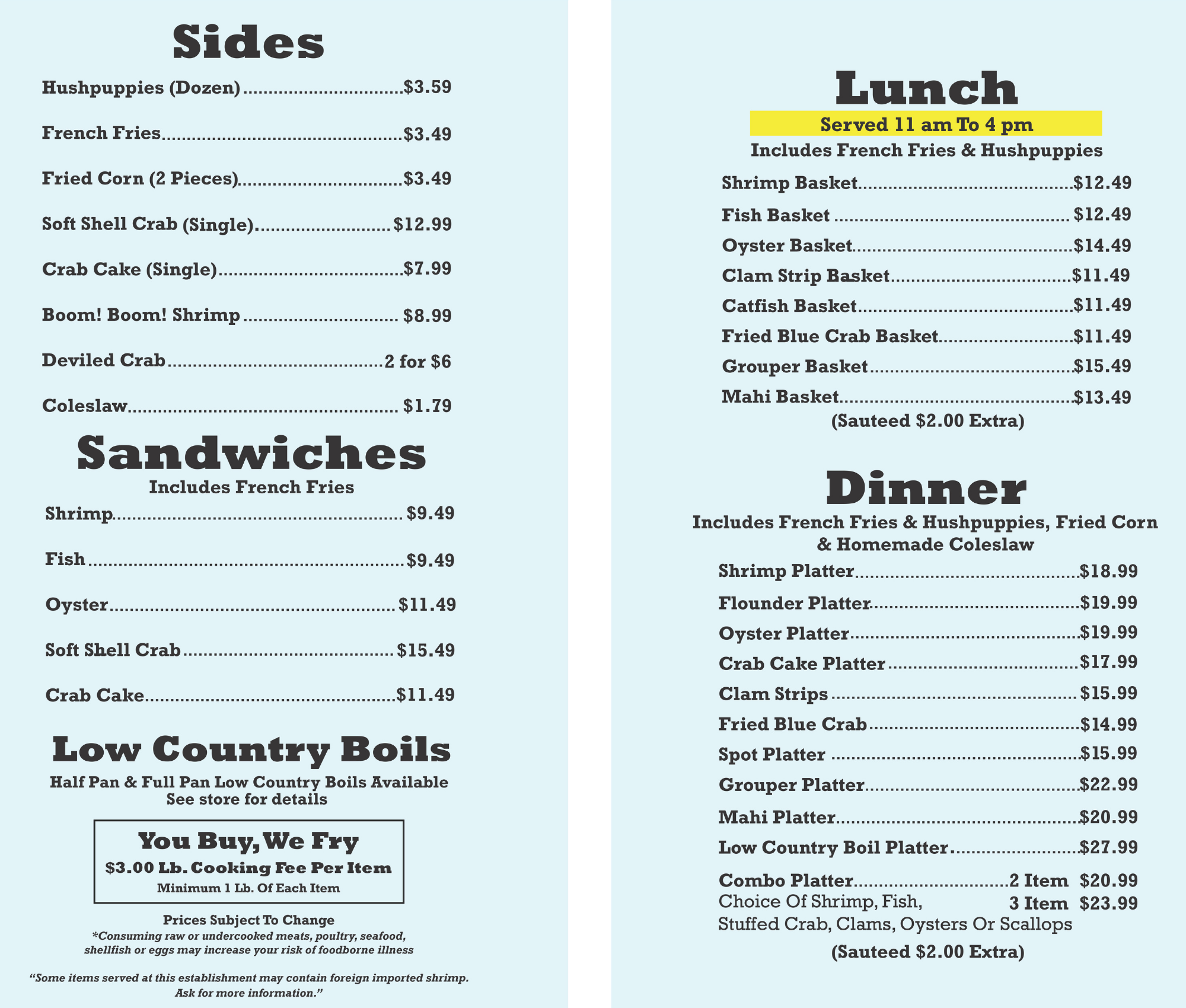 Platt's Seafood market Menu